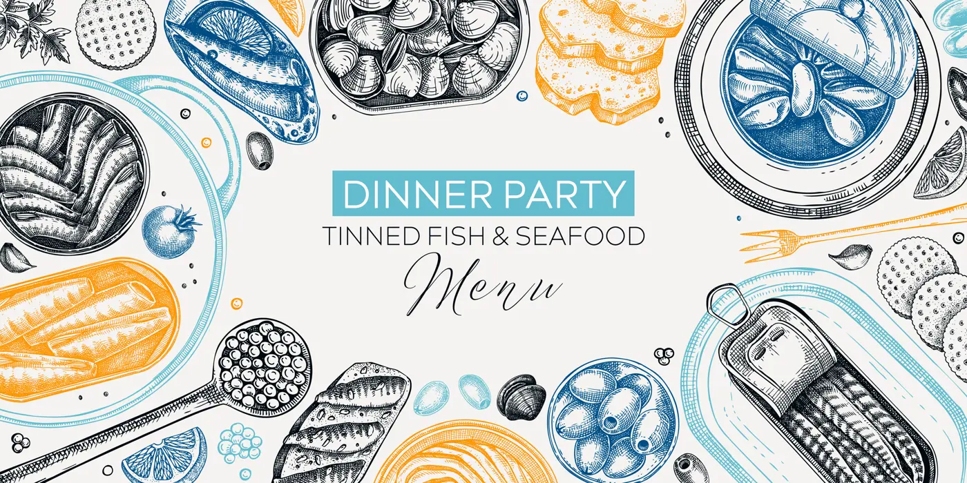 Canned fish frame design in color. Seafood background with hand drawn sardines, anchovy, mackerel, tuna, mussels in tin cans, fish canapes, olives, crackers and lemons sketches.  Illustration